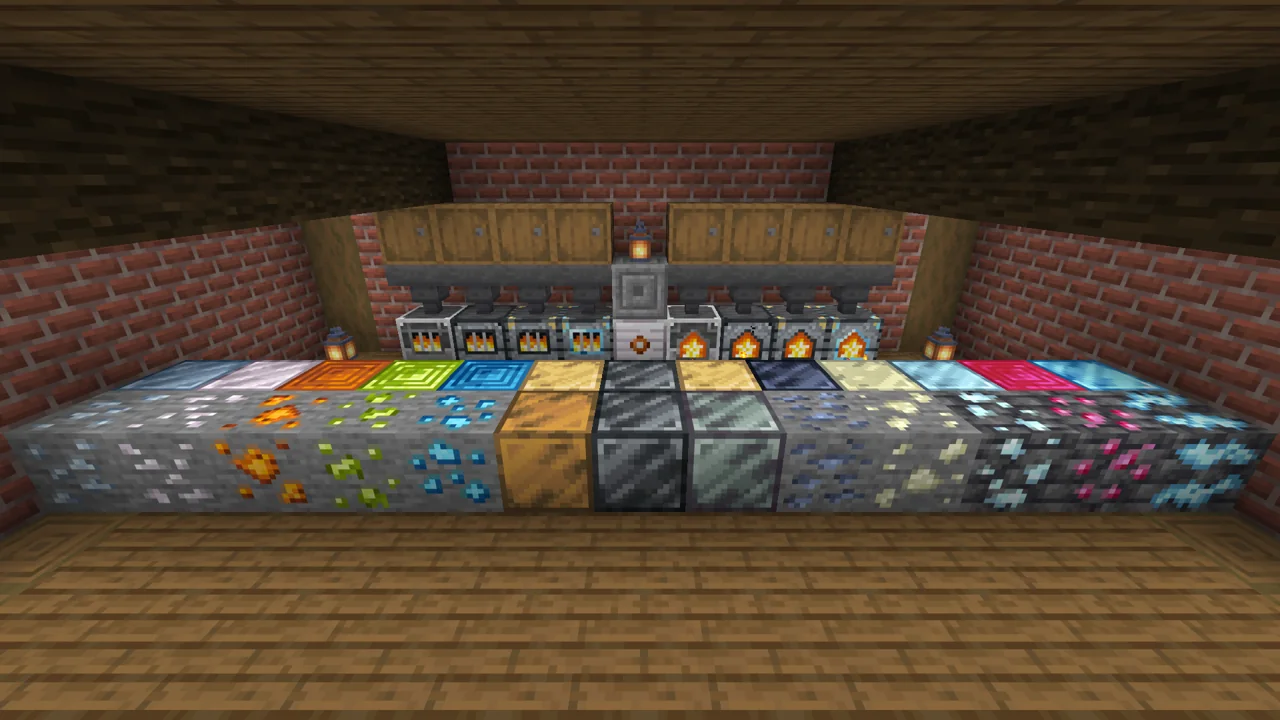 Every machine tier in the workshop, with each ore beside its storage block and the alloy blocks in the middle.