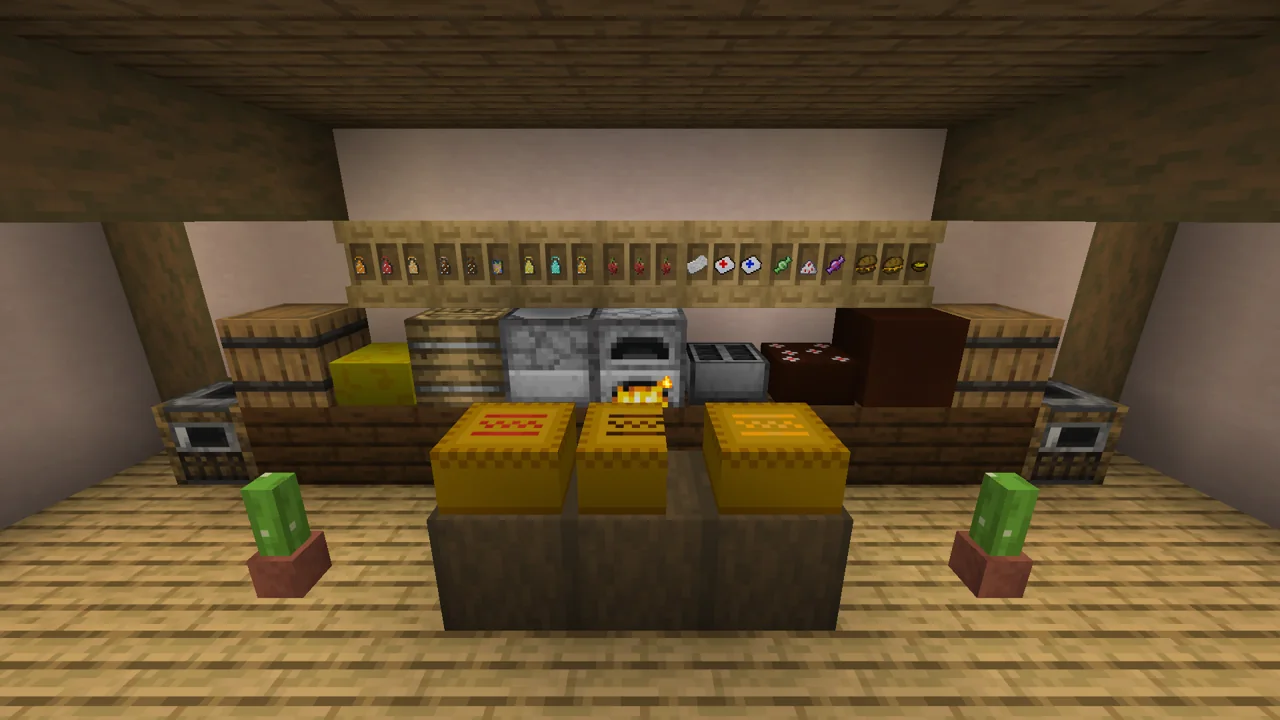 The kitchen machines on the counter, every soda, dragon fruit and health item on the shelf above, and pies on the table.