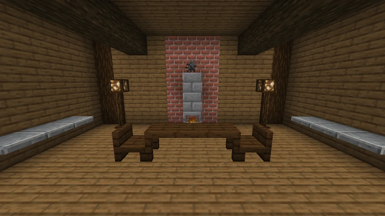 The table, chairs, counters, lamp posts, fireplace and chimney are all colorizer blocks, brushed to dark oak, polished andesite, spruce and stone bricks.