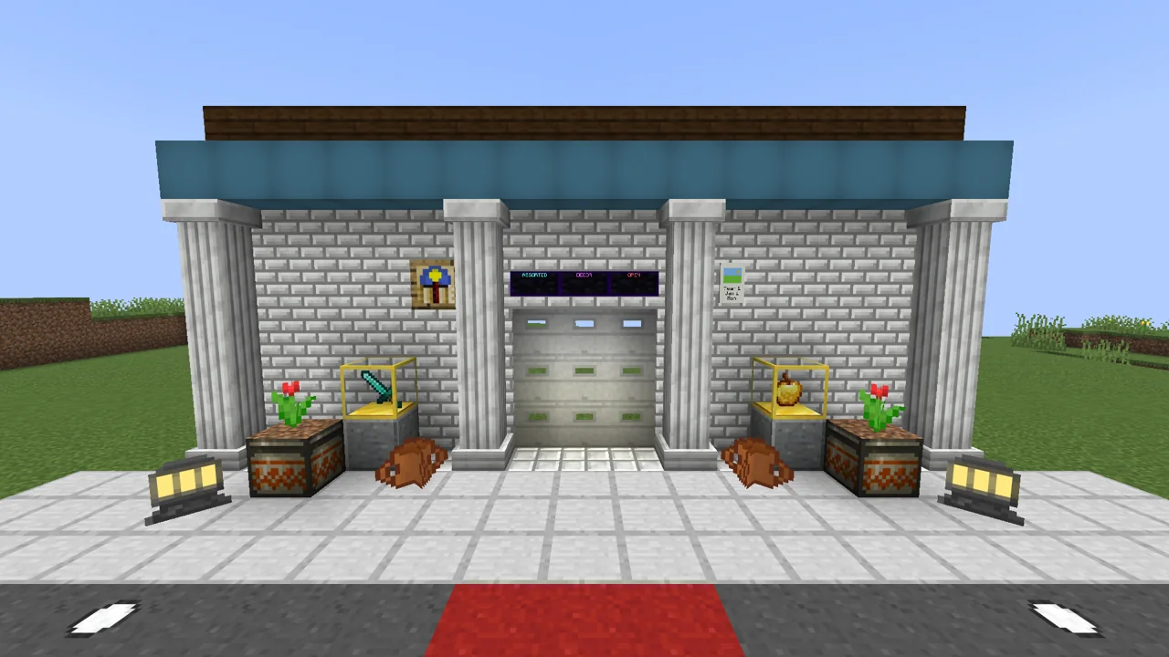 A shop front with calcite building blocks, a garage door, neon signs, a wall clock and calendar, display cases, fluro trim, a colorizer roof line, planter pots and a painted road with roadway lights.