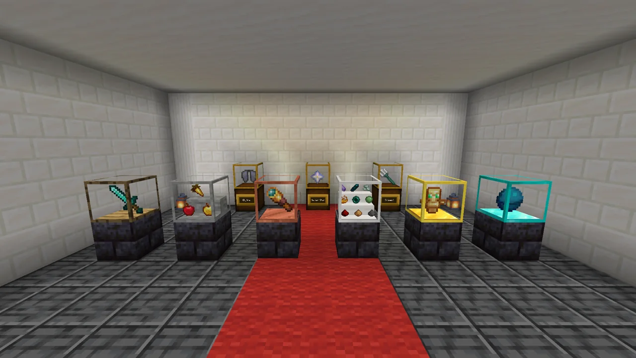 Museum cases with named placards at the back, and a display case in wood, stone, copper, iron, gold and diamond in front.
