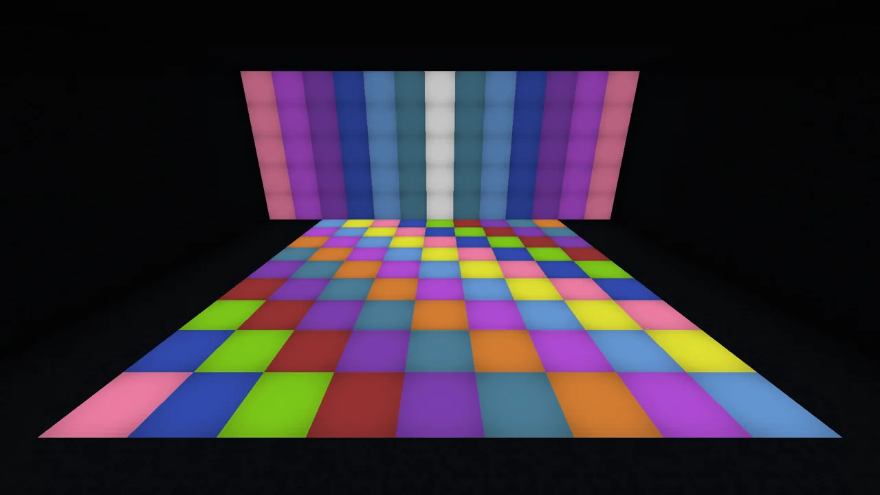 A dance floor and back wall of fluro blocks, lit by nothing but themselves.