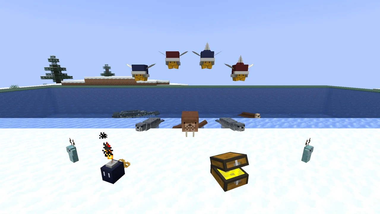 Seals, a walrus, a narwhal and a sea otter at the water, ice pixies on the snow, parabuzzies overhead, and a Bob-omb and a treasure mob in front.
