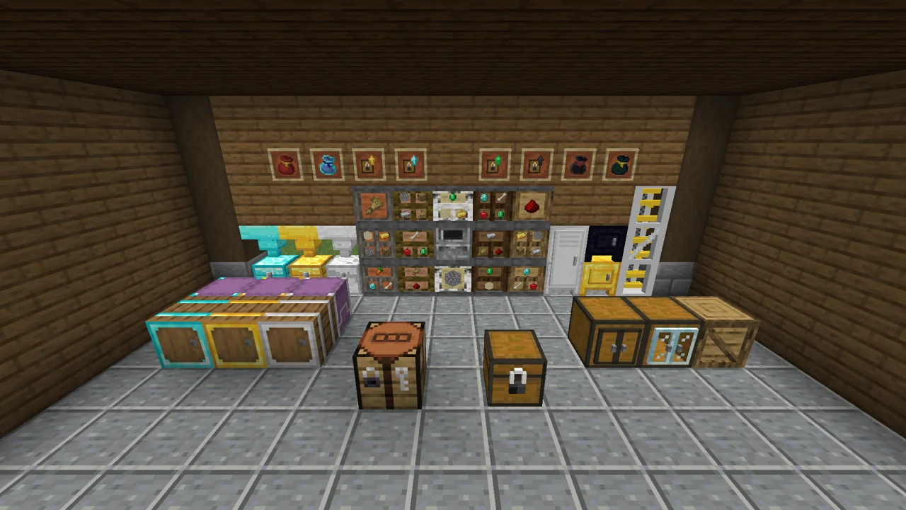 A crate wall with its controller, material chests under hoppers, barrels and shulker boxes, lockers, safes, cabinets and an item tower, bags and level upgrades framed above, and a locked chest by the locksmith workbench.