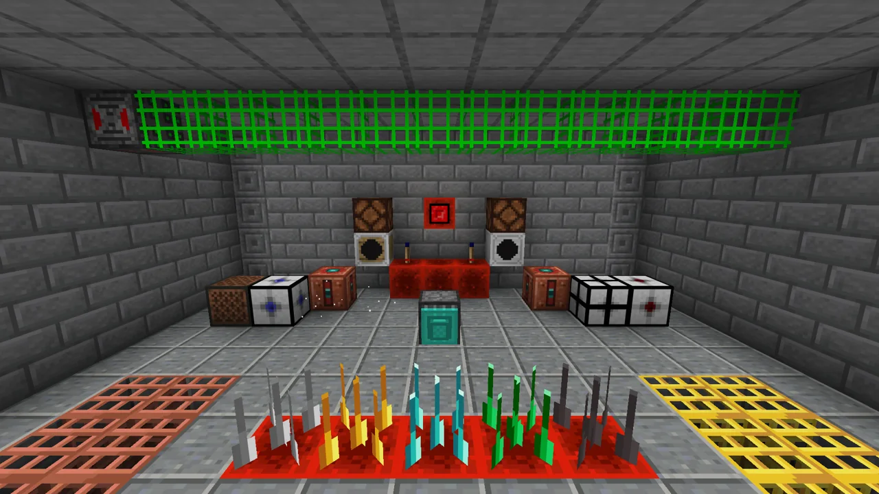A laser bridge across the lab, sensors lighting lamps, an alarm box, flip flop torches, instant elevators, a fan, a gravitor, attractor and repulsor, an extruder, spikes popped out of the floor and item grates.