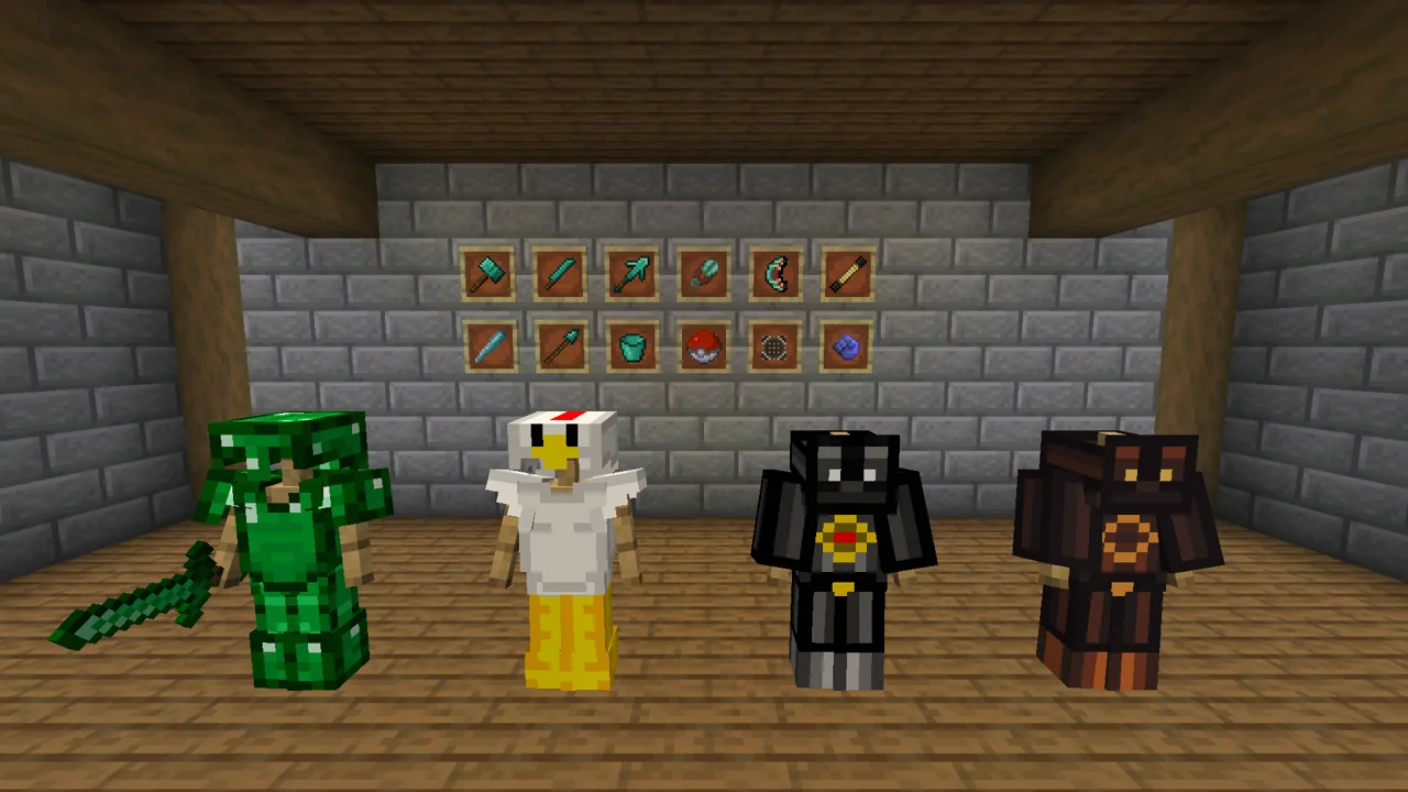 An emerald gear set and the chicken, scuba and lava suits on stands, with a hammer, machete, multitool, shears, boomerang, wand, staff, throwing spear, bucket, pokeball, portable workbench and the ultimate fist on the wall.